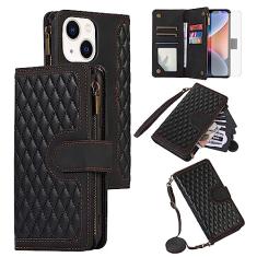 Asuwish Capa de celular para iPhone 14 6,1 polegadas com protetor de tela de vidro temperado e alça de pulso flip zíper suporte para cartão de crédito celular iPhone14 5G i i-Phone i14 iPhone14 capa