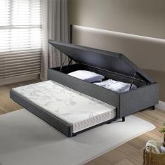Bicama Box Com Baú Solteirão 96x203 com Colchão Auxiliar Linho Cinza