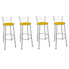 Kit 4 Banquetas Altas Prata com Encosto Assento Amarelo