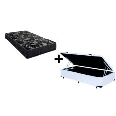 Cama Box Baú Solteiro 88 Tecido Sintético Branco com Colchão Lisboa Espuma D28 Preto