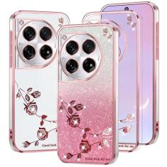 Kainevy Capa de celular para Oneplus 12 capa protetora de silicone transparente com glitter rosa à prova de choque Oneplus 12 capa estética fina fofa com padrão de flor gradiente design brilhante