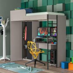 Cama Multifuncional Infantil com Roupeiro e Mesa Gamer Rebel Politorno Cinza/Preto