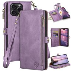 XcaseBar Capa carteira compatível com iPhone 16 Pro de 6,3 polegadas com zíper para cartão de crédito 【bloqueio RFID】, capa flip fólio de couro PU à prova de choque feminina masculina para Apple 16