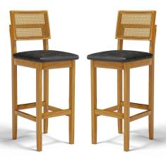 Kit Com 2 Banqueta Aline Madeira Maciça Assento Estofado Encosto De Tela Palha Sextavada Courino Preto 503