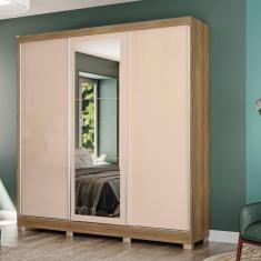 Guarda Roupa Casal CB04N577 3 Portas de Correr 2 Gavetas MDP Nogueira-Macadâmia-Branco Kappesberg