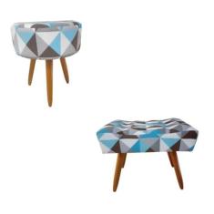 Kit Puff Retangular + Puff Redondo Decorativo Banqueta Pés de Madeira 