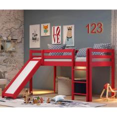 Cama Alta Kids com Escorregador em Madeira Maciça - Vermelho
