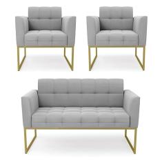 Kit 1 Sofá Namoradeira E 2 Poltronas Elisa Suede Base Metálica Industrial Dourada D`rossi Cor Cinza
