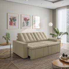 Sofá Cama Retrátil E Reclinável 3 Lugares 220cm Em Veludo Com Molas E Braço Reto Palmeira Cabecasa M Bege