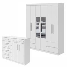 Conjunto De Guarda-roupa Casal Com Espelho 6 Portas 4 Gavetas Zeus E Cômoda Toronto Branco