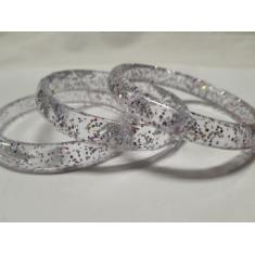 Pulseira Bracelete De Acrilico Transparente Com Glitter Kit 3Pç Prata