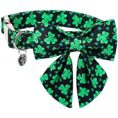 DOGWONG Coleira de cachorro trevo da sorte verde com laço, macia ajustável para o dia de São Patrício com pingente da sorte preta para cães pequenos, médios e grandes