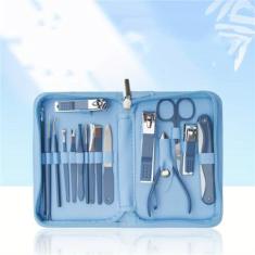 Cortador de unhas de aço inoxidável conjunto de beleza manicure pedicure tesoura ferramenta conjunto de zíper decoração conjunto de unhas, azul 16 pçs conjunto