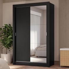 Guarda-Roupa Solteiro 2 Portas de Correr com Espelho 4 Gavetas Preto V