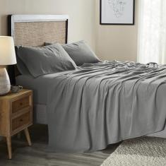 Superior Jogo de cama de mistura de linho e algodão para decoração de casa, roupa de cama lisa moderna inclui 1 lençol com elástico grande, 1 lençol de cima, 2 fronhas, itens essenciais para quarto,