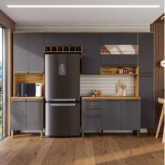 Cozinha Completa Modulada com 5 Peças 13 Portas e 2 Gavetas com Vidro e Tampo Itália Espresso Móveis Amêndoa/Cinza