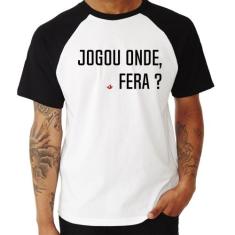 Camiseta Raglan Jogou onde fera - Foca na Moda, Branco, Preto, M