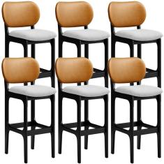 Kit 6 Banquetas Alta Betta Preto Whisky Linho Cinza