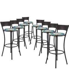Jogo Com 8 Banquetas Altas Forts Fibra Uv Bancada, área Goumert, Bar, Piscina, Balcão, Floral Azul