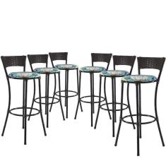 Kit 6 Banquetas Alta Forts Fibra Uv Bancada, área Goumert, Bar, Piscina, Balcão, Floral Azul