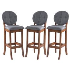 Kit 3 Banquetas Alta Estofada com Encosto Florence 113 x 36 Cm Madeira Maciça Linho Cinza L55 - RMI