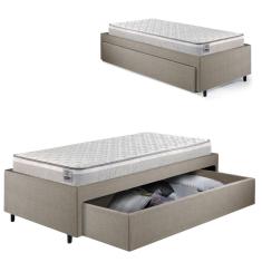 Cama Box Solteiro com Gaveta 88x188 cm Revestida em Linho Bege com Colchão Hanover Inducol