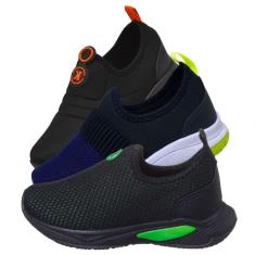 KIT 3 PARES Tenis Infantil Calce Facil Escolar Preto Verde Preto Laranja e Preto Kidstep-Masculino