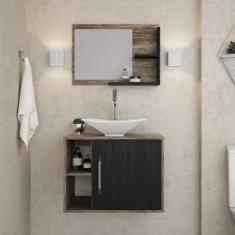 Conjunto para Banheiro Gabinete com Cuba Folha L38 e Espelheira Laura 600 Yescasa Carvalho Dark/Preto Ônix