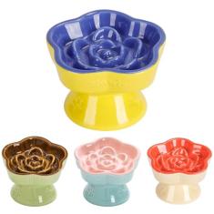 S&Q's CERAMICS Tigela de alimentação lenta elevada para gatos, tigela de cerâmica elevada e com título, alimentador lento para cães pequenos, prato em forma de flor para alimentos secos e úmidos