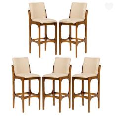Kit 5 Banquetas Alta para Balcão Lisboa Madeira Imbuia Linho Bege M58 