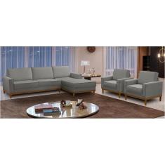 Kit Sofá 3 Lugares 2,60m com Chaise e 2 Poltronas Living Lavinia Linho Cinza Adonai Estofados