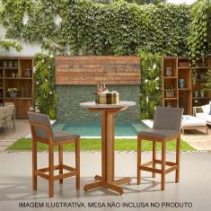 Kit 2 Banquetas Alta Luxo Pérola com Encosto Estofada em Linho Bege Madeira Maciça Castanho