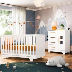 Quarto de Bebê Completo 1 Berço Minicama com Colchão Life 1 Cômoda Fly Tigus Baby Branco