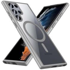 Hensinple Capa magnética para Samsung Galaxy S22 Ultra, para celular Galaxy S22 Ultra, carregamento sem fio, capa traseira rígida transparente à prova de choque de 6,8 polegadas, cinza