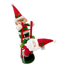 Decoração Enfeite De Natal Papai Noel E Elfo Na Escada 50cm