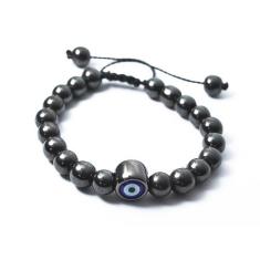 Pulseira De Bolinha Pedra Hematita 8Mm Olho Grego Regulável - Bicudos 