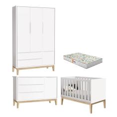 Quarto de Bebê 3 Portas New Classic Branco com Pés Madeira Natural e Colchão Gazin – Reller