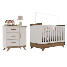 Berço Americano Vitória E Cômoda Infantil Retrô Maya Off White Carvalho - Carolina