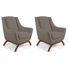 Kit 02 Poltronas Decorativas Sala de Estar Base de Madeira Naomi Veludo Bege - Gran Belo