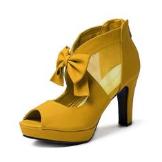 GATUXUS sandália feminina de bico aberto plataforma salto alto laços com tiras, Amarelo, 9