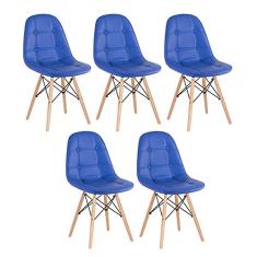 Loft7, Kit 5 Cadeiras Charles Eames Eiffel, Assento Estofado Botonê, Pés Em Madeira Clara E Elegante Versátil Sala De Jantar Cozinha Cafeteria Quarto, Azul