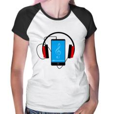 Baby Look Raglan Headphone Smartphone - Foca na Moda, Branco, Preto, G