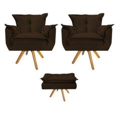 Kit 02 Poltronas e Puff Opala Base Giratória de Madeira Suede Marrom -