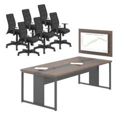 Jogo Mesa Com Painel E Cadeiras De Escritório Freijó Preto