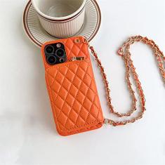 Capa de telefone tipo carteira transversal para iPhone 14 13 12 11 Pro Max Slot para cartão Lanyard Corrente Alça Bolsa com zíper Bolsa Capa de couro, laranja, para iPhone 14Pro Max