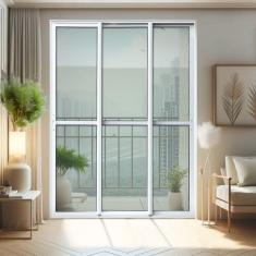 Porta de Correr 3 Folhas Moveis Sequenciais 210 X 240 Elite com Fecho Automático Vidro Liso Branco