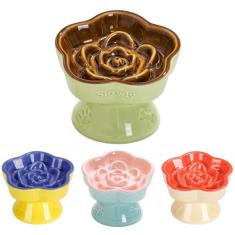 S&Q's CERAMICS Tigela de alimentação lenta elevada para gatos, tigela elevada de cerâmica para alimentos para animais de estimação, alimentador lento para cães pequenos, prato fofo em forma de flor