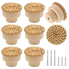 Qjaiune Pacote com 12 puxadores de cômoda em vime, puxadores de armário boho, 3,5 cm de diâmetro, puxadores de gaveta de vime de madeira, puxadores com parafusos, puxadores redondos de móveis para