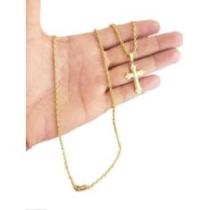 Cordão Banhado A Ouro 18K Cadeado 2Mm Com Pingente Cruz - Mk Jóias