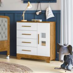 Cômoda 4 Gavetas 1 Porta Fly 100% MDF Branco/Madeirado Ypê - Tigus Bab
